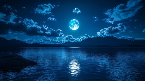 Moonlit lake mirrors deep blue night sky glow perfectly.