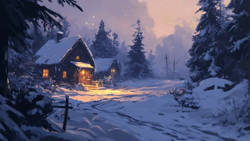 Snow-covered forest cabin emits warm light at dusk