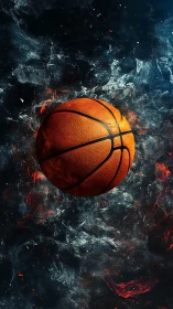 Fiery basketball floats amid swirling cosmic smoke and sparks.
