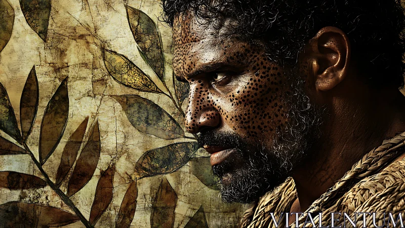 Man with speckled face in profile against textured leaves