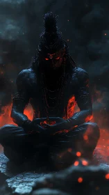 Dark meditating figure with glowing lava-like body sits still