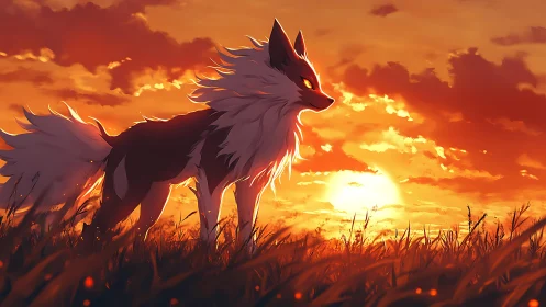 Sunset guardian wolf glowing over golden grasslands.