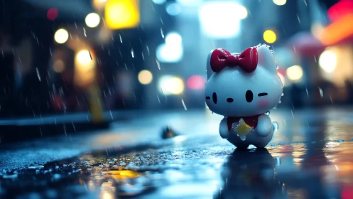 Hello Kitty figure on wet city street at night in rain.