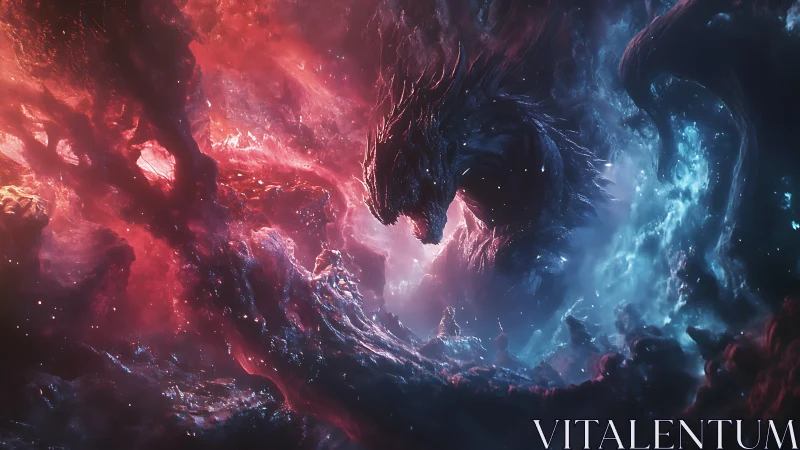 Cosmic dragon silhouette forms within red and blue nebulae