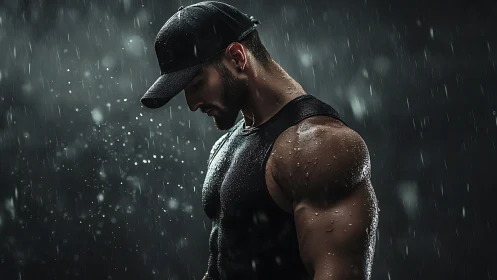 Muscular athlete under dramatic rain with side profile focus.