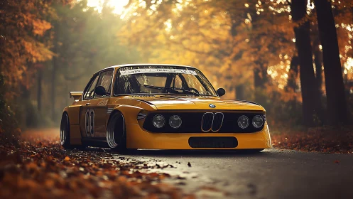 Low-slung vintage BMW track car in misted autumn forest road.
