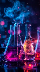 Neon laboratory flasks in glowing vaporous chemistry scene.