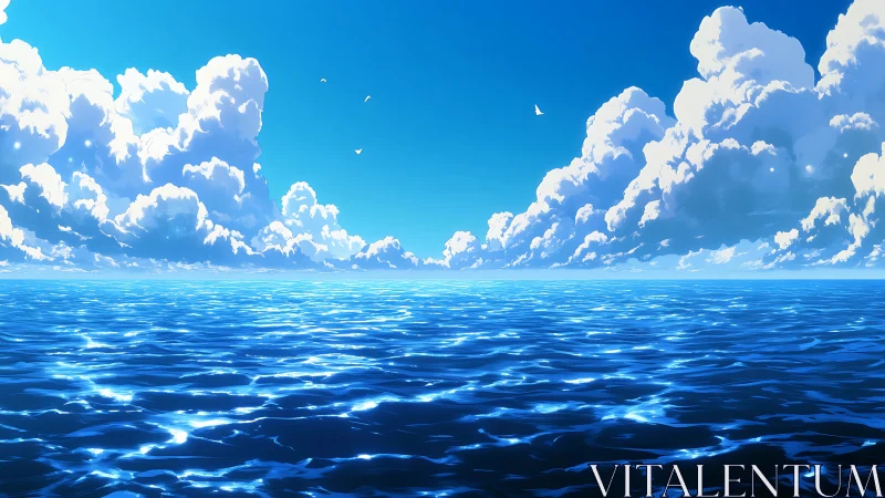 Open ocean horizon beneath cumulus cloud formations.