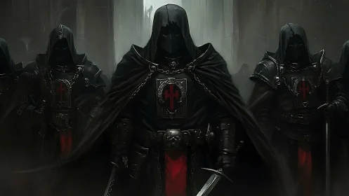 Hooded armored knights in black cloaks with red cross sigils.