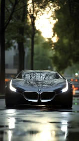 Low-slung BMW concept coupe with LED DRL signature at dusk