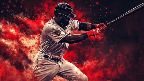 Baseball batter in swing motion amid red abstract background.
