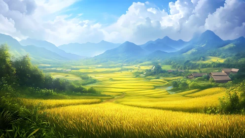 Golden rice terraces glow beneath distant blue mountains.