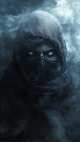 Hooded masked figure with glowing eyes emerges from smoke