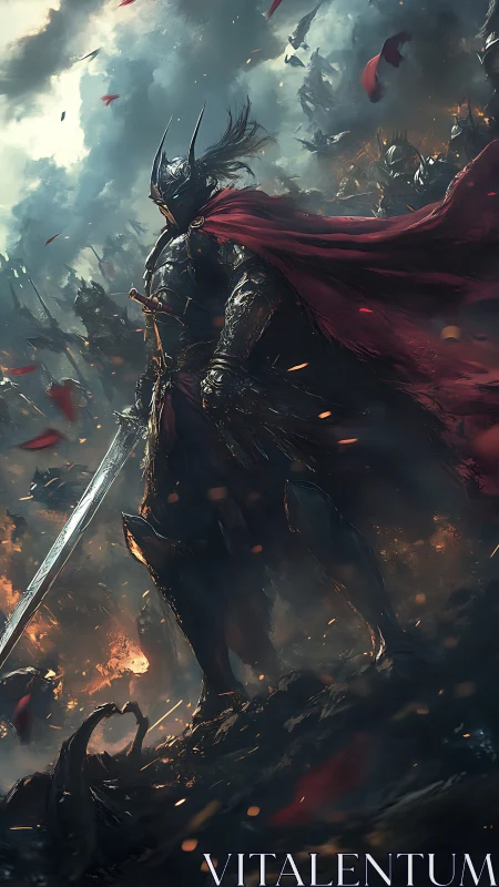 Armored warrior with sword in burning battlefield scene.