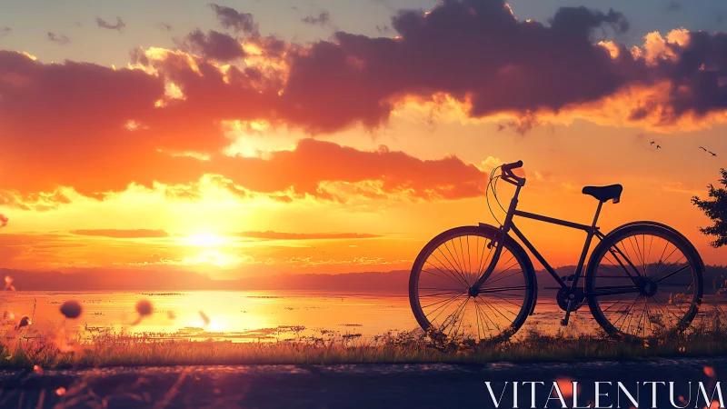 Road Bicycle Silhouette Against Blazing Sunset Over Water