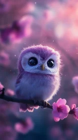 Cute pink owl perched on blossom branch at twilight glow.