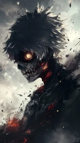 Digital painting of infernal skull warrior in dynamic profile.