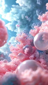 Soft pastel cloudscape with floating bubbles in focus.