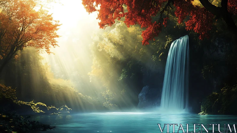 Sunlit forest waterfall framed by vivid autumn foliage.