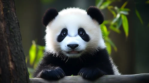 Wide-eyed bamboo dreamer, baby panda in soft forest hush.