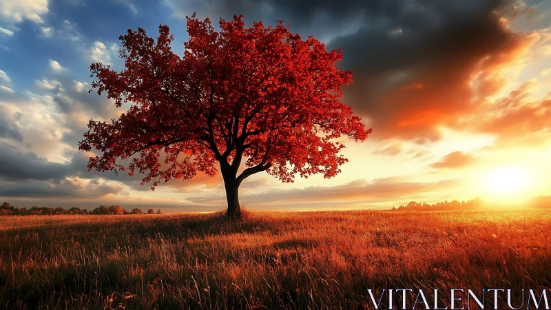 Solitary red tree glows against a fiery sunset horizon