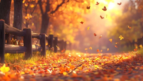 Golden autumn path with drifting leaves and warm backlight.