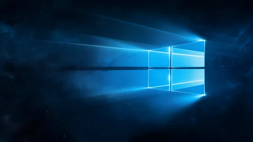 Glowing blue window logo shines through cosmic digital mist.