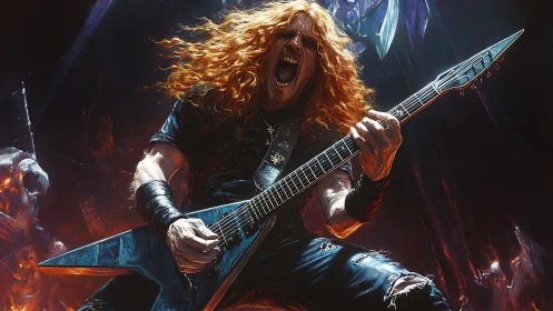 Metal guitarist unleashes blazing solo in infernal stage