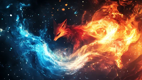 Elemental fox spirit swirls through fire and ice cosmos.