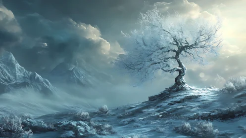 Solitary frosted tree crowns windswept winter hillside