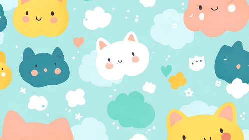 Joyful Kawaii Cloud Creatures Playing in a Sky.