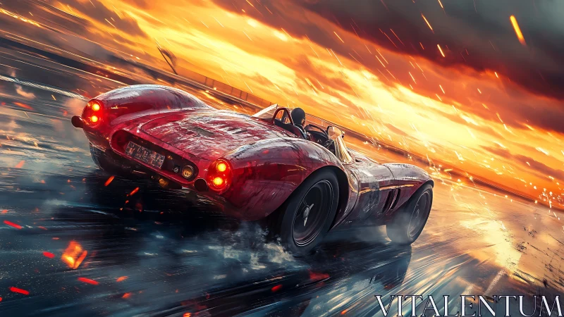 Aerodynamic vintage roadster in luminous storm drift sequence.