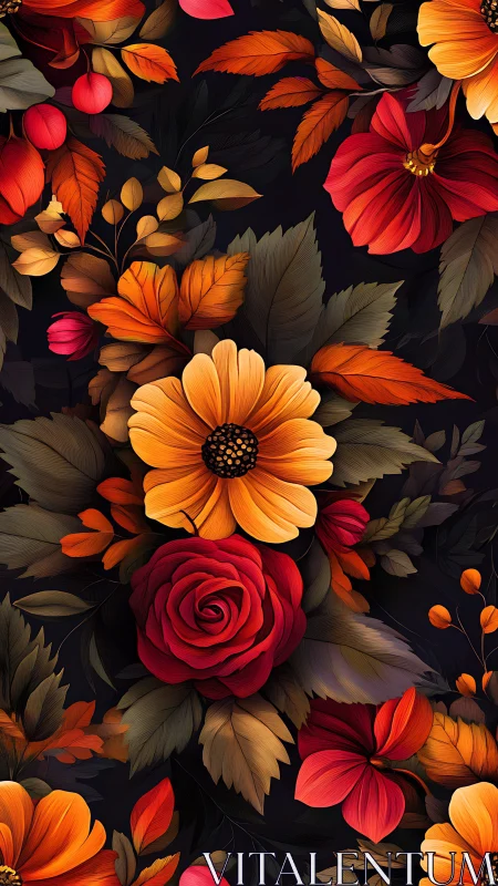 Polychromatic Floral Composition Against Deep Ebony Ground.