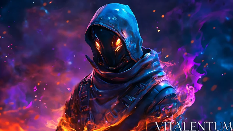 Hooded humanoid figure with glowing eyes amid colored flames.