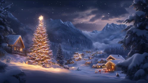 Illuminated alpine village under starry nocturnal snowfall.