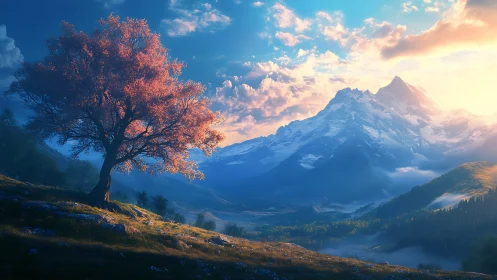 Solitary blossom tree anchors a luminous alpine sunrise vista