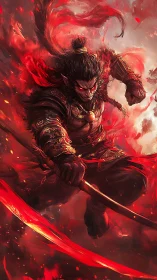 Infernal warrior lunging through swirling crimson flames.