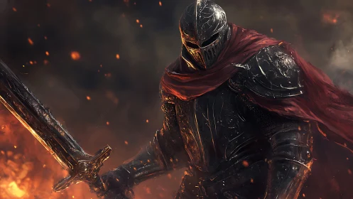 Ember-lit knight stands strong in glowing armor and scarlet cloak