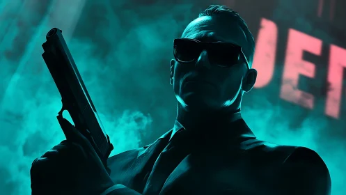 Hitman silhouette holds pistol under neon teal haze.