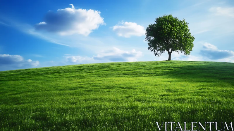 Solitary deciduous tree crowns a luminous grassy hillside