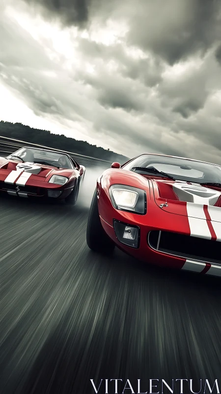 Red racing supercars charge forward on stormy racetrack.