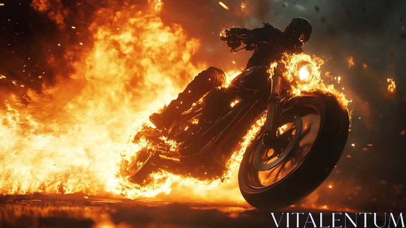 Fiery night rider racing through a storm of glowing sparks.