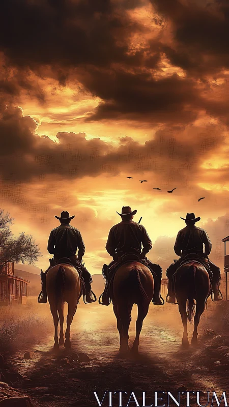 Triangular cowboy formation rides toward high-contrast sunset