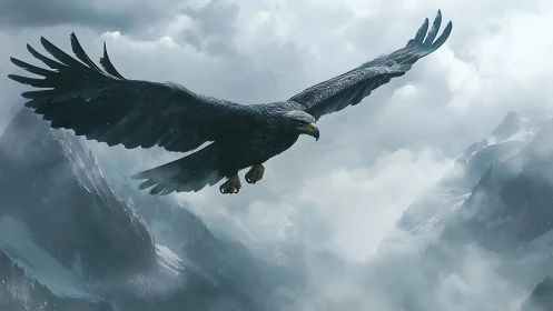 Majestic Eagle Soaring Over Misty Mountain Peaks in Realistic Art.