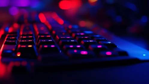 RGB mechanical keyboard glows in neon gaming studio light