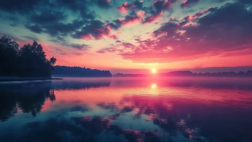 Dreamy pink and teal sunrise unfolding over calm lake waters.
