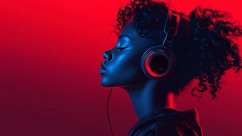 Chromatic side-profile portrait with high-contrast audio gear.