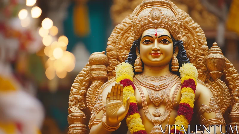 Golden Hindu deity statue glows under warm temple light.