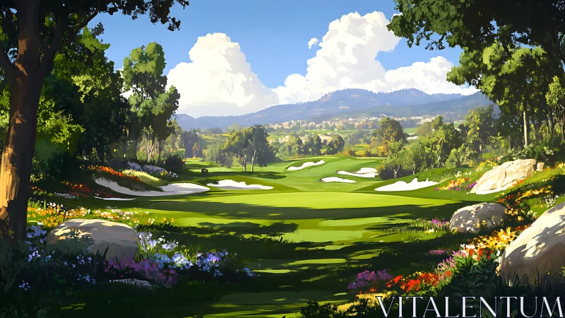 Sunlit golf fairway framed by floral woodland margins.