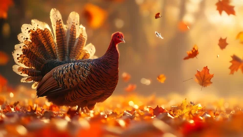 Wild turkey strutting through backlit autumn foliage in motion